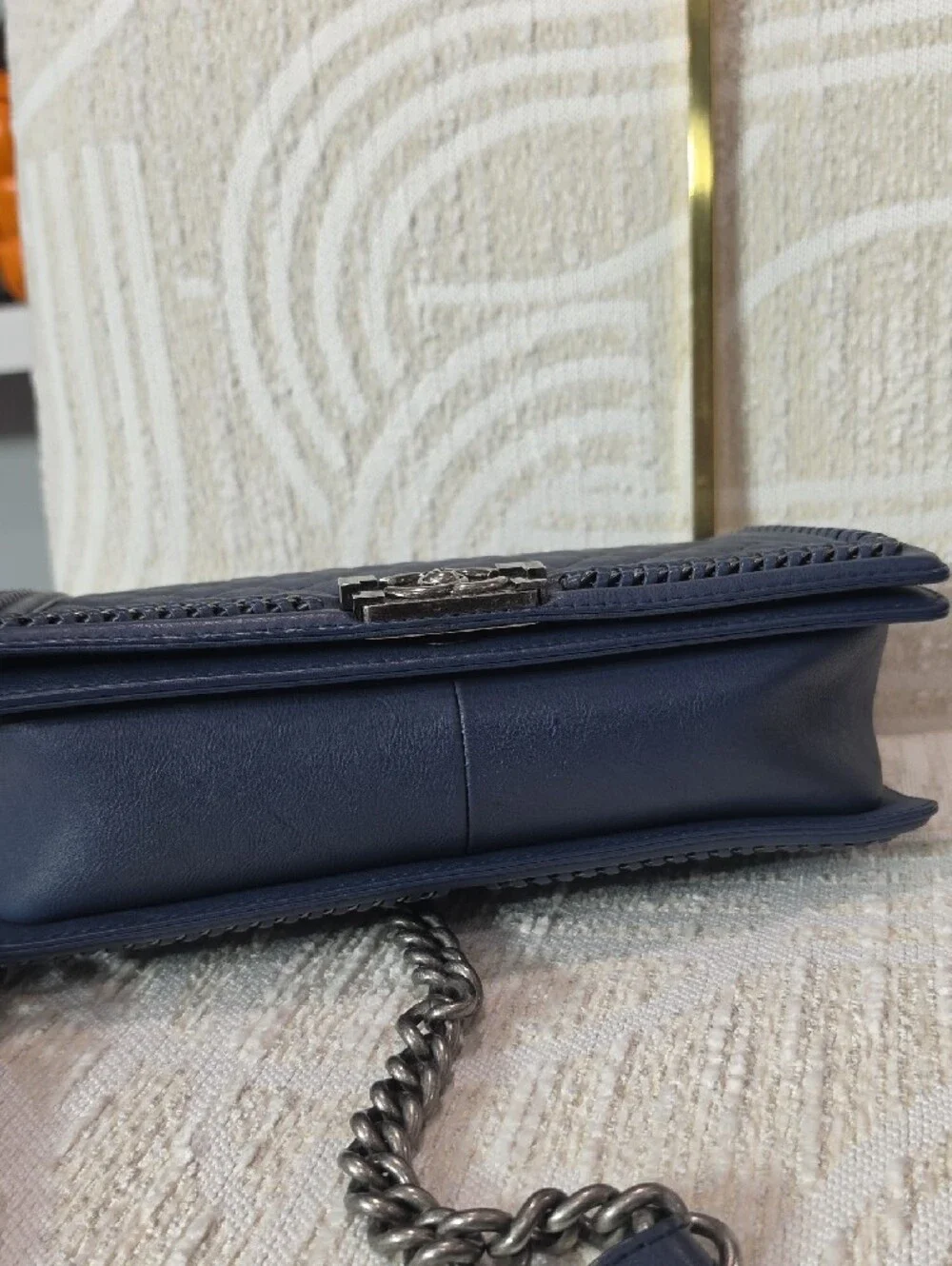 Chanel Boy Large Quilted Navy Leather Chain Top-Handle Shoulder Bag